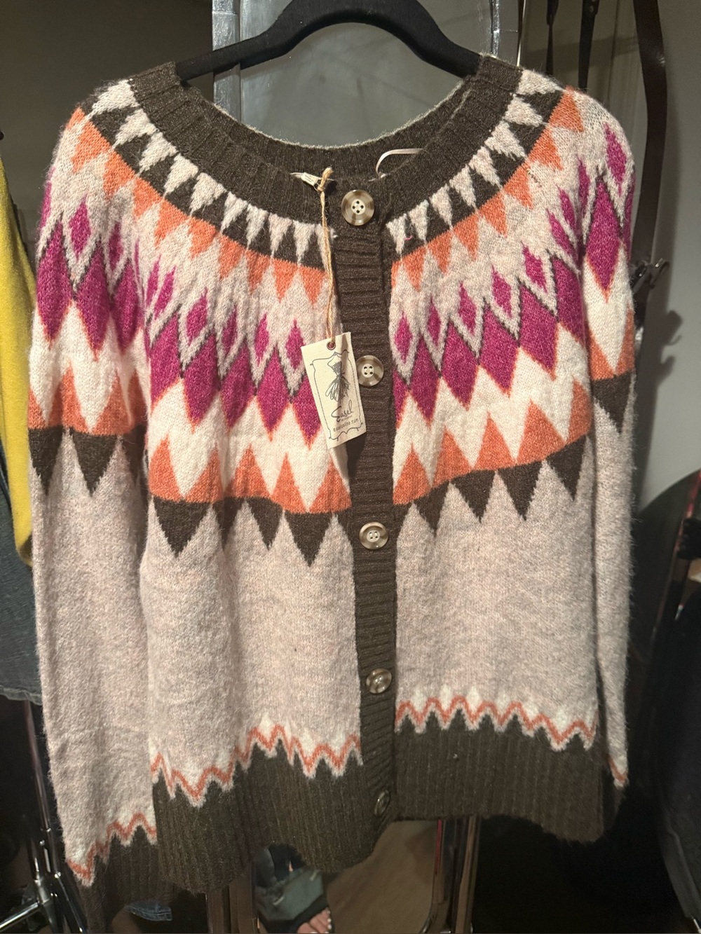 Soft, Cozy Easel Geometric Knit Cardigan Sweater - Pink, Orange & Brown